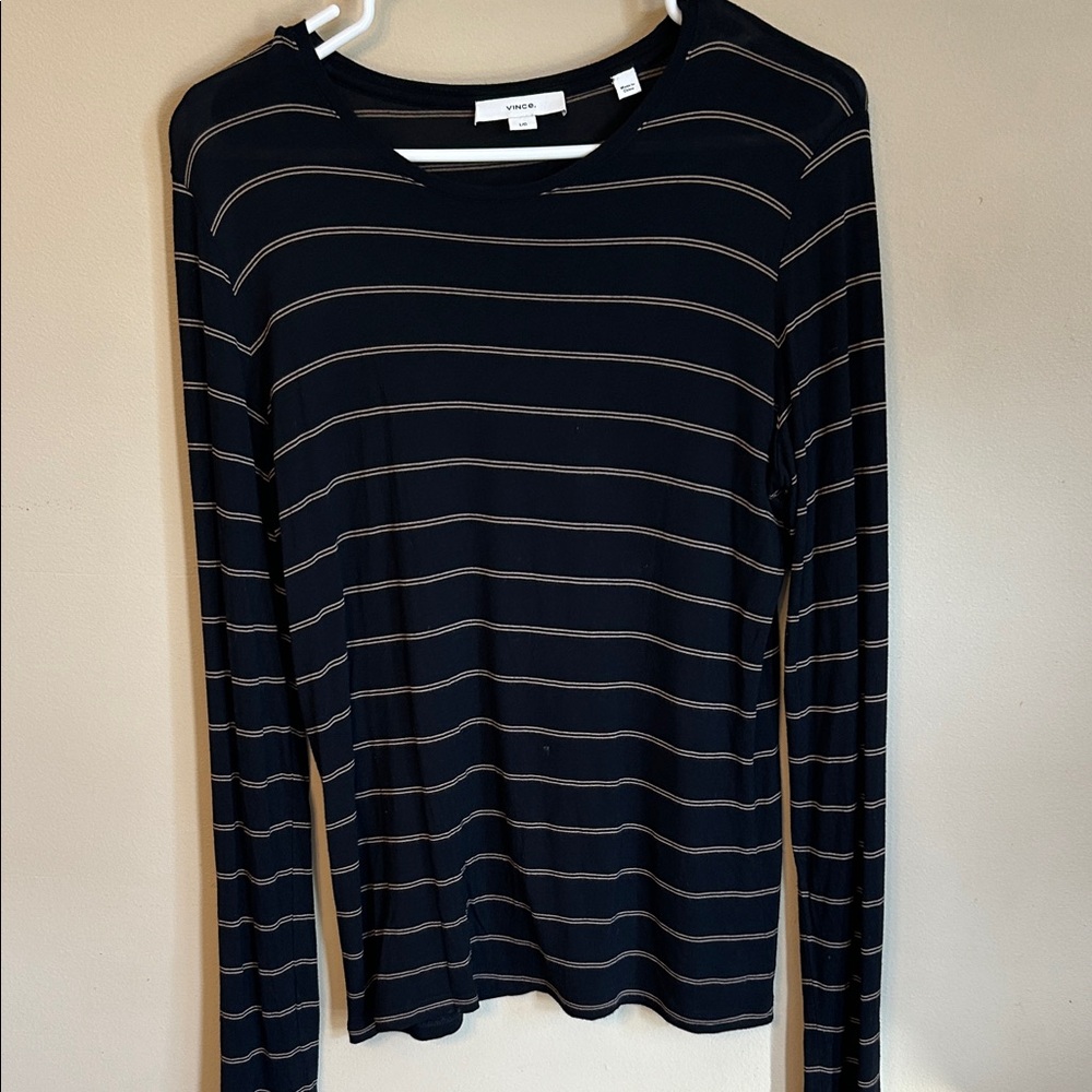 Vince Black and Cream Striped Long Sleeve Tee 100% Viscose Super soft Like New L